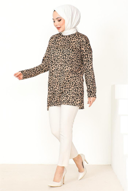 Leopard Patterned Hijab Tunics 859 - Black