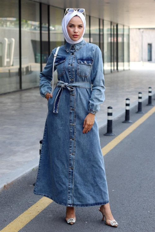 Leylan Button Jeans Dress 546 - Blue
