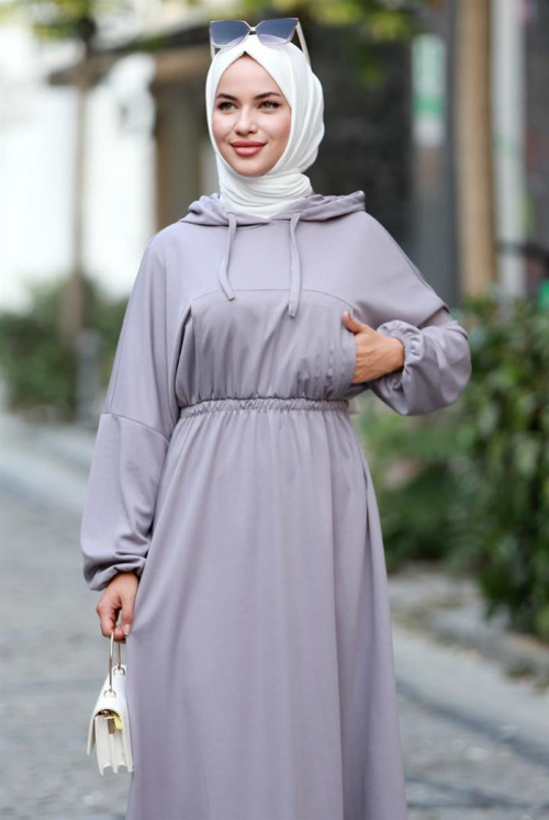 Lidya waisted Elastic Hooded Hijab Dress 586 - Grey