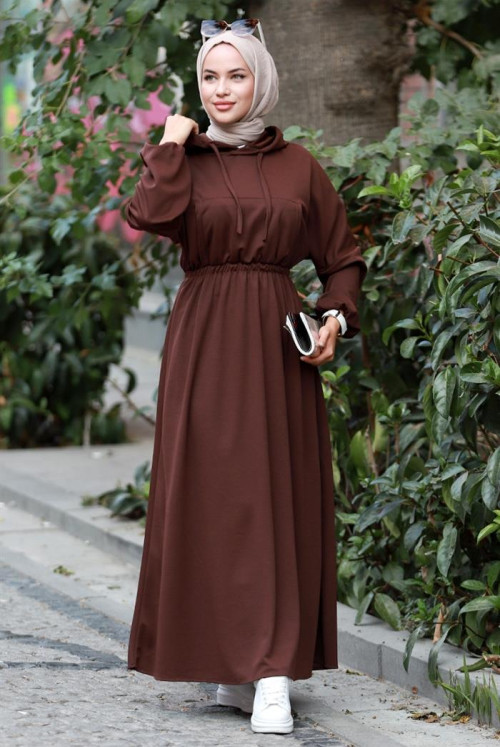 Lidya waisted Elastic Hooded Hijab Dress 586 - Brown