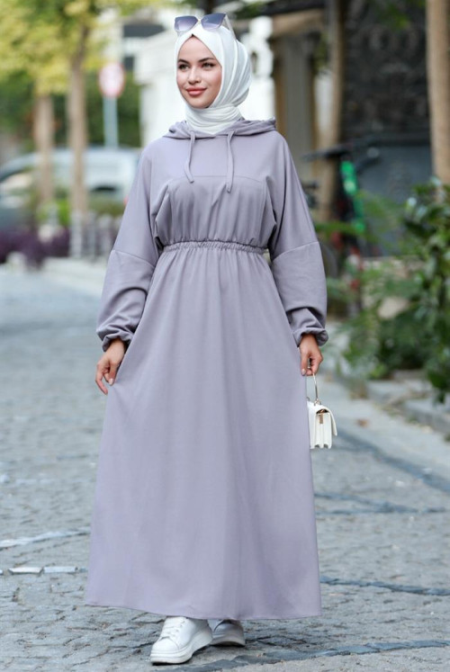 Lidya waisted Elastic Hooded Hijab Dress 586 - Grey