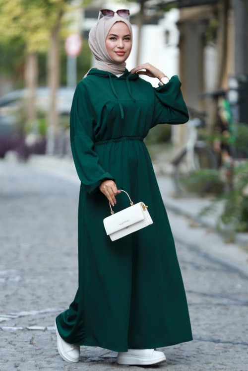 Lidya waisted Elastic Hooded Hijab Dress 586 - Emerald Green