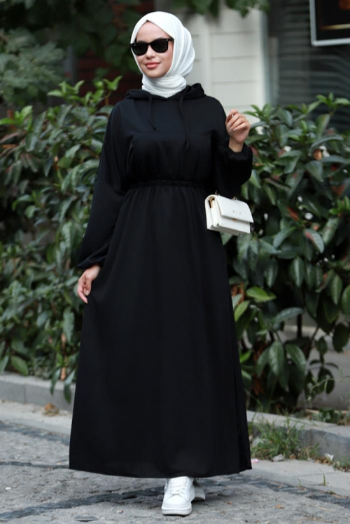 Lidya waisted Elastic Hooded Hijab Dress 586 - Black