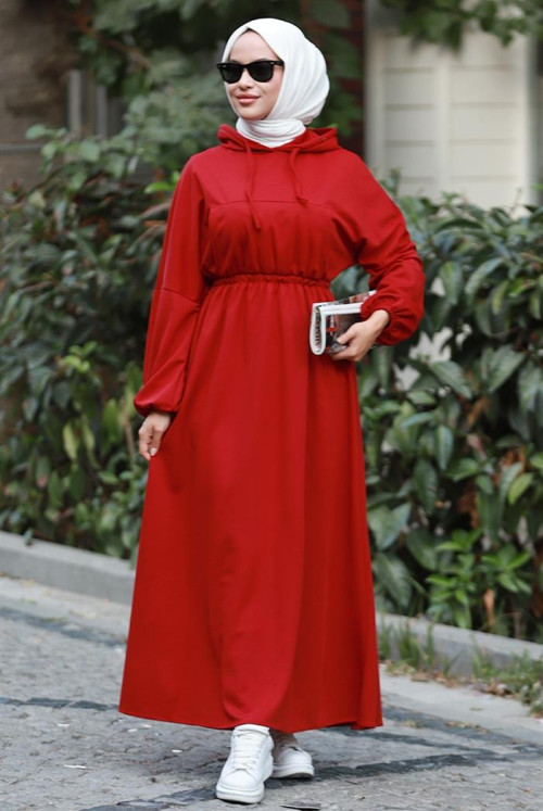 Lidya waisted Elastic Hooded Hijab Dress 586 - Claret Red
