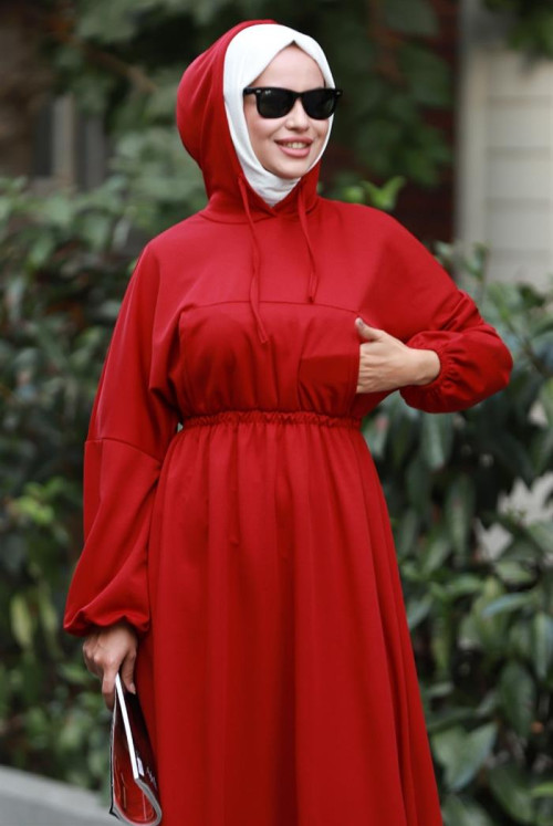 Lidya waisted Elastic Hooded Hijab Dress 586 - Claret Red