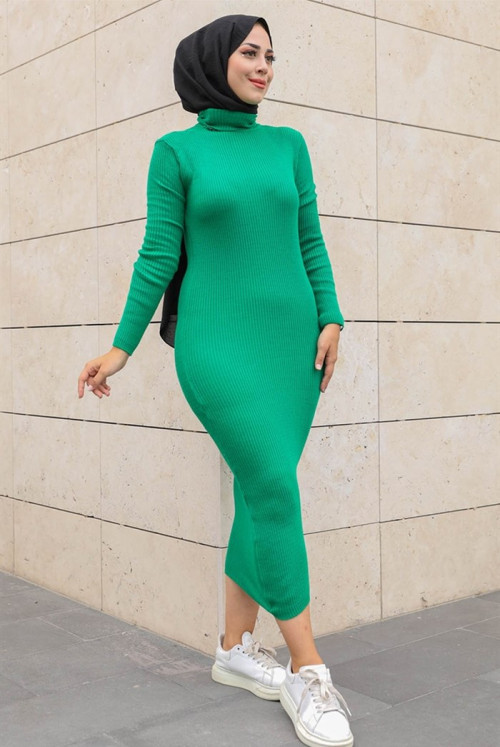 Mira Fisherman Collar Badi Hijab Knitwear Dress 326 - Green