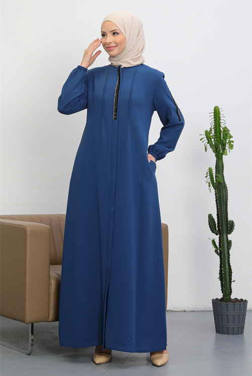 Nevra Pul Detailed Arms Elastic Hijab Abayas 416 - İndigo