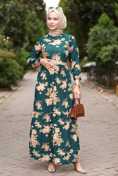 Pamira Patterned With Flowers Dress 557 - Petrol Green