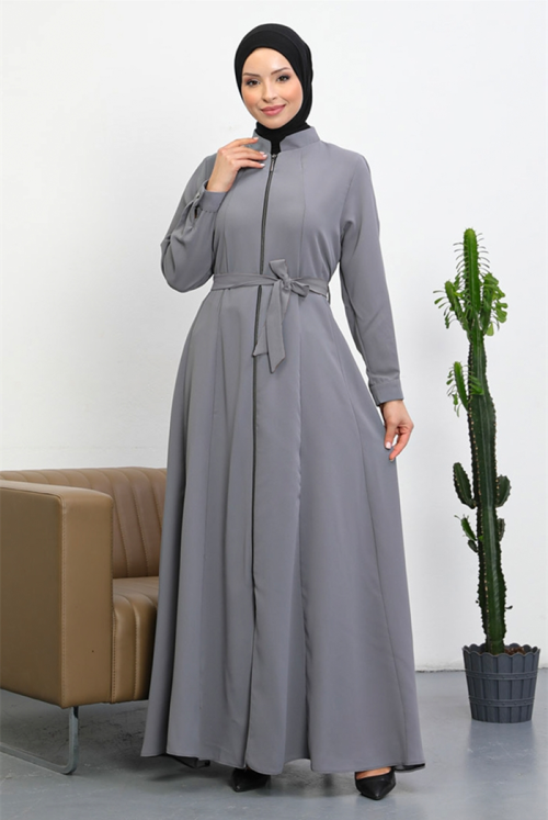 Renas Arched Double Pockets Hijab Abayas 412 - Grey