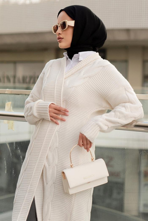 Saç Knitting Hijab Cardigan 675 - White