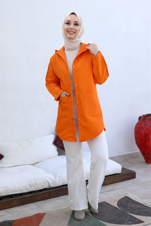 Selen Double Pocket Hooded Kapitone Hijab Women-Jackets 380 - Orange