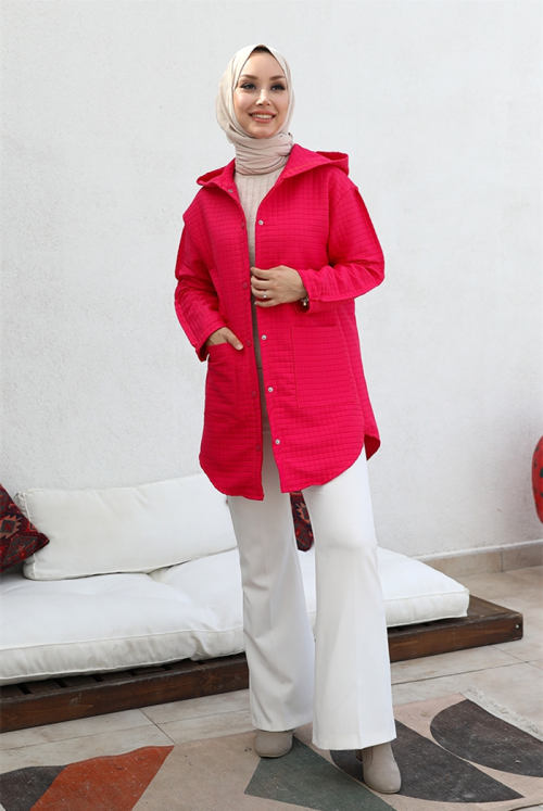 Selen Double Pocket Hooded Kapitone Hijab Women-Jackets 380 - Hot pink