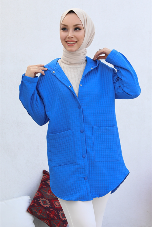 Selen Double Pocket Hooded Kapitone Hijab Women-Jackets 380 - İndigo