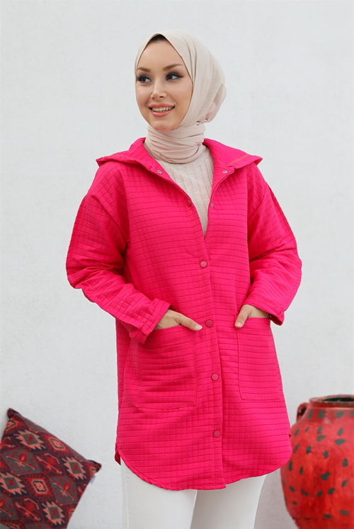 Selen Double Pocket Hooded Kapitone Hijab Women-Jackets 380 - Hot pink