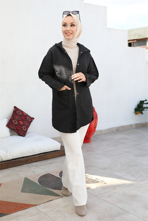 Selen Double Pocket Hooded Kapitone Hijab Women-Jackets 380 - Black