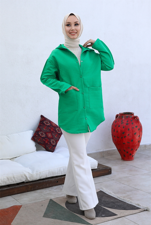 Selen Double Pocket Hooded Kapitone Hijab Women-Jackets 380 - Green