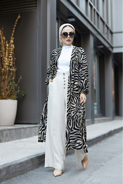 Simla Zebra Desen Belted down at heels Kimono  265 - Mink