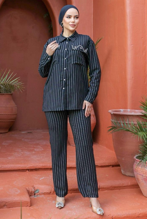 stony Linen Tunics Pants Binary Suit 834 - Black