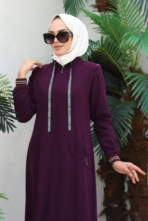 Ülkü Double Pockets Hidden Pat Zipped Hijab Abayas 344 - Damson