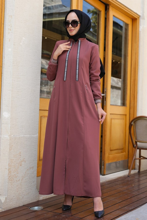 Ülkü Double Pockets Hidden Pat Zipped Hijab Abayas 344 - Rose Kurusu