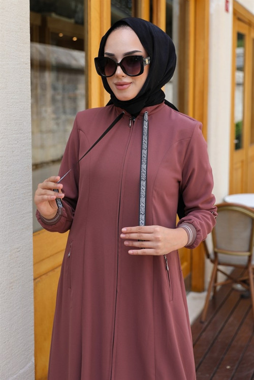 Ülkü Double Pockets Hidden Pat Zipped Hijab Abayas 344 - Rose Kurusu