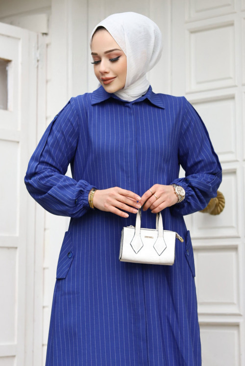 Rear A pileli Hijab Abayas TSD240226 Saks Mavisi