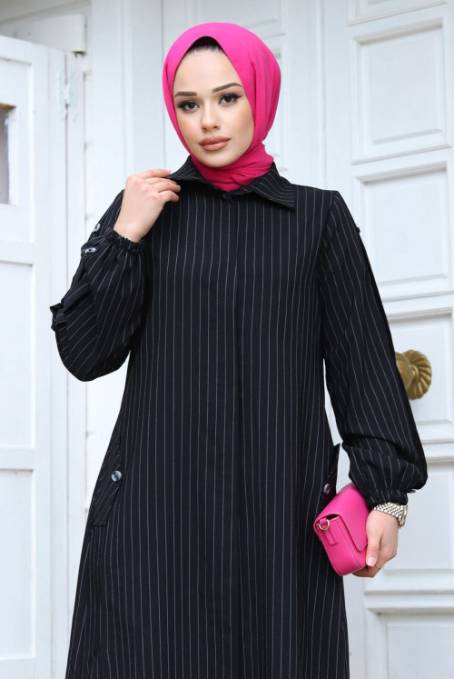 Rear A pileli Hijab Abayas TSD240226 Black