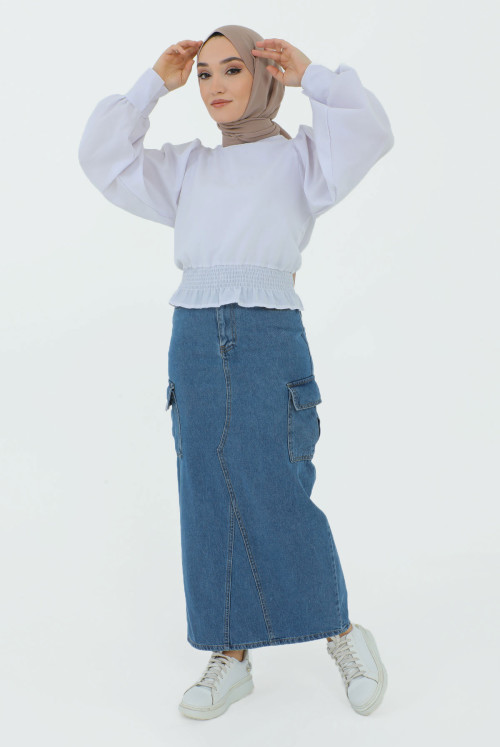 Rear slit Kargo Pockets Jeans Skirt TSD231214 Blue