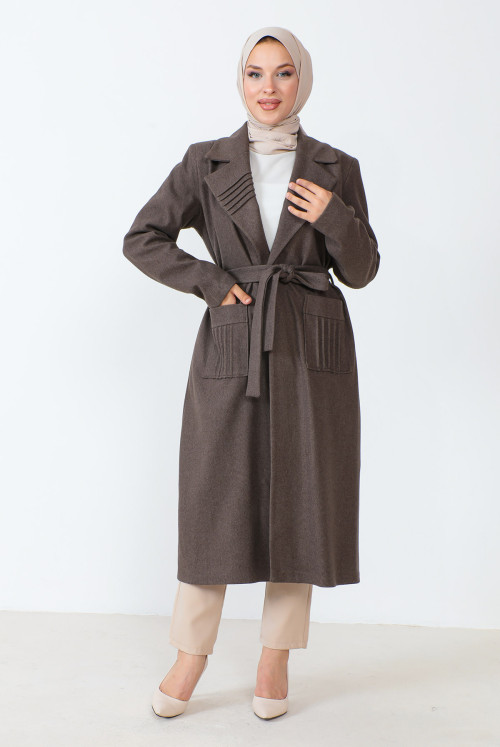waisted Belted Stamping fabric Coat TSD230804 Brown