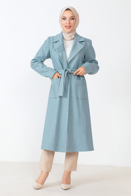 waisted Belted Stamping fabric Coat TSD230804 Blue