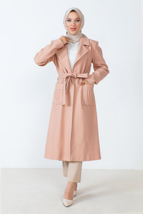 waisted Belted Stamping fabric Coat TSD230804 Light Pink