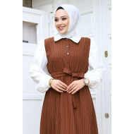 waisted Belted Front Half Button Hijab Dress TSD240249 Brown