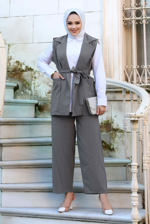 waisted Belted Yelekli Striped Suit TSD240102 Grey