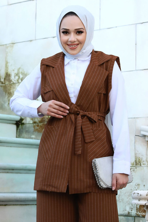 waisted Belted Yelekli Striped Suit TSD240102 Brown