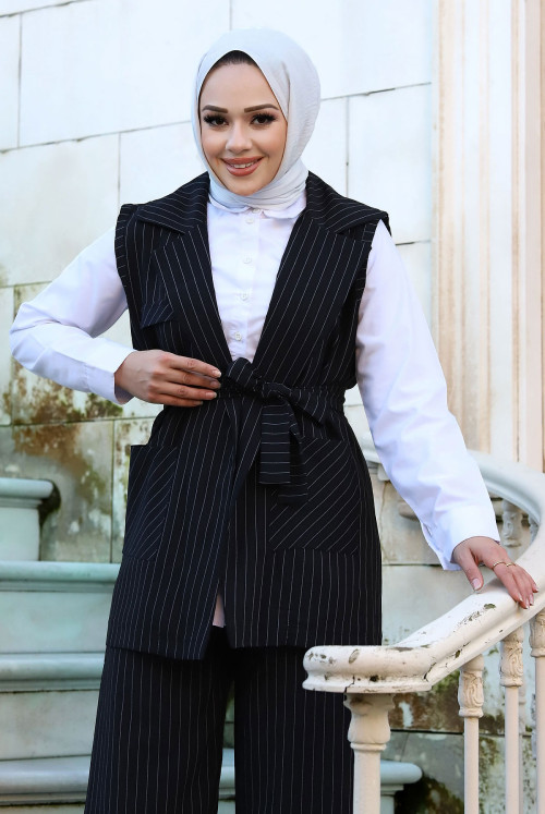 waisted Belted Yelekli Striped Suit TSD240102 Black