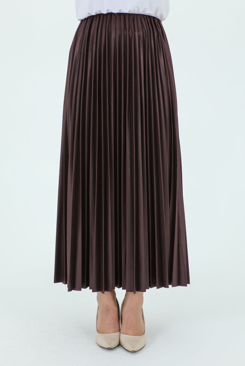 waisted Elastic Leather Appearance Pleated Skirt TSD231212 Brown