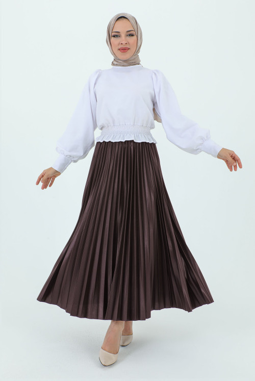 waisted Elastic Leather Appearance Pleated Skirt TSD231212 Brown