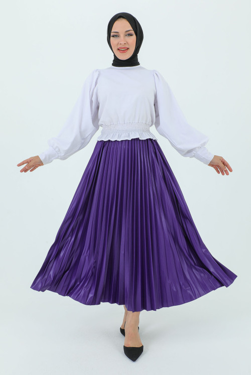 waisted Elastic Leather Appearance Pleated Skirt TSD231212 Purple