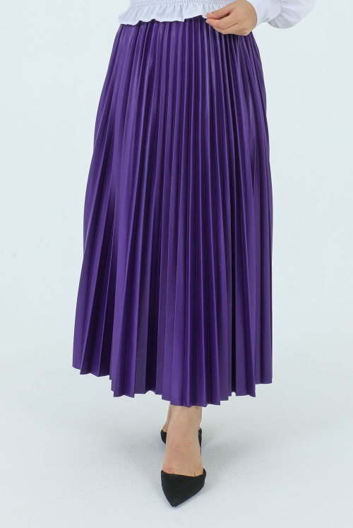 waisted Elastic Leather Appearance Pleated Skirt TSD231212 Purple