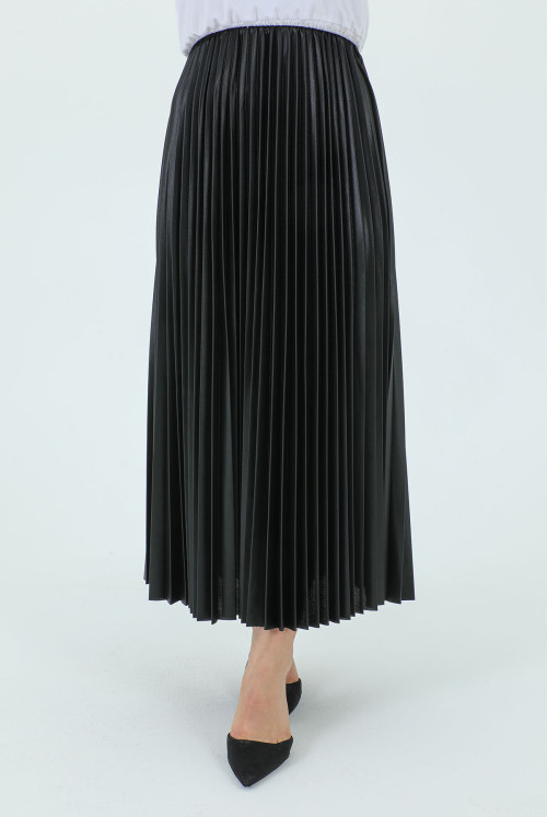 waisted Elastic Leather Appearance Pleated Skirt TSD231212 Black