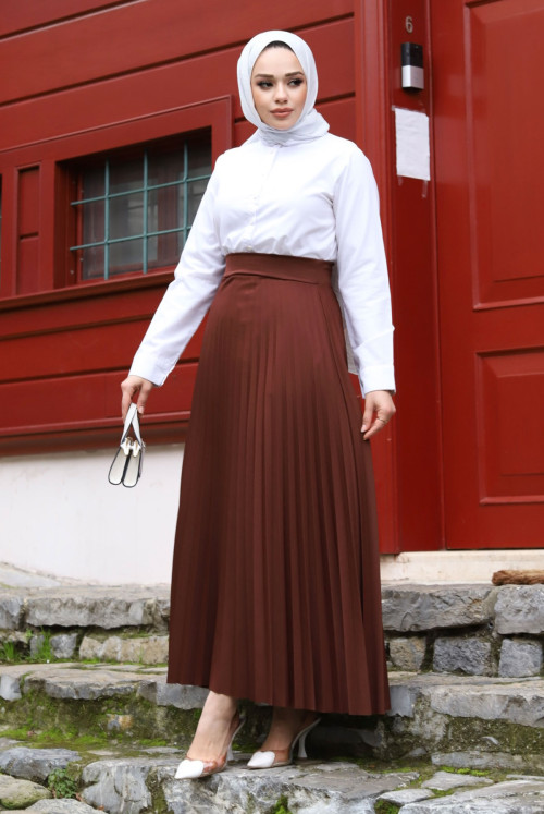 waisted Elastic Pleated Skirt TSD240217 Brown