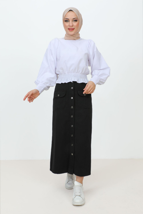 from end Button Pockets Long Jeans Skirt TSD231202 Black