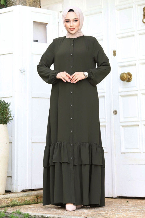 from end Button skirt Frilly Hijab Abayas TSD240243 Khaki