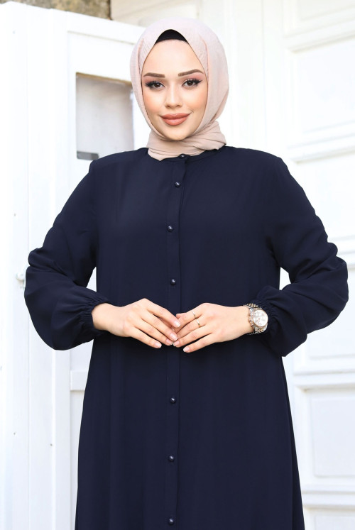 from end Button skirt Frilly Hijab Abayas TSD240243 Navy blue