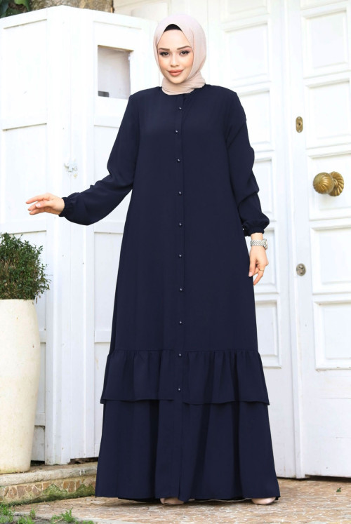 from end Button skirt Frilly Hijab Abayas TSD240243 Navy blue