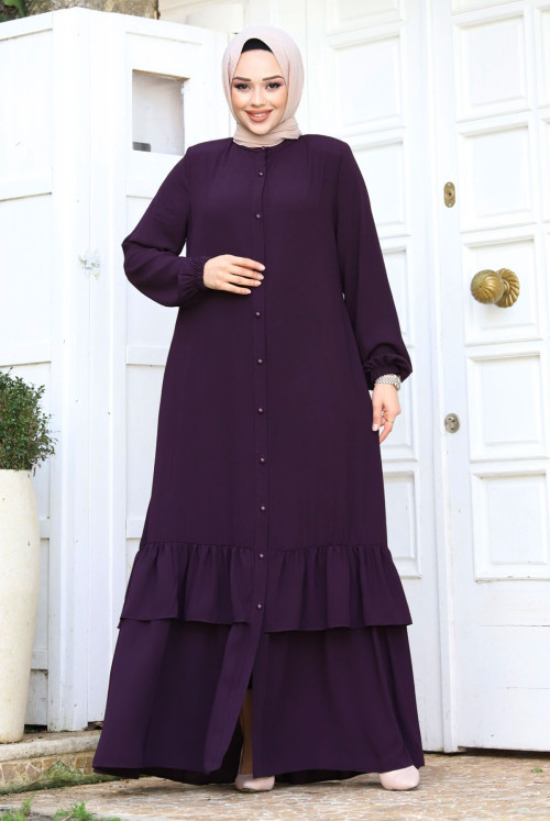 from end Button skirt Frilly Hijab Abayas TSD240243 Damson