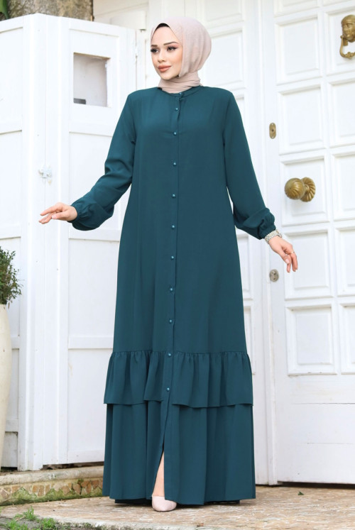 from end Button skirt Frilly Hijab Abayas TSD240243 Petrol