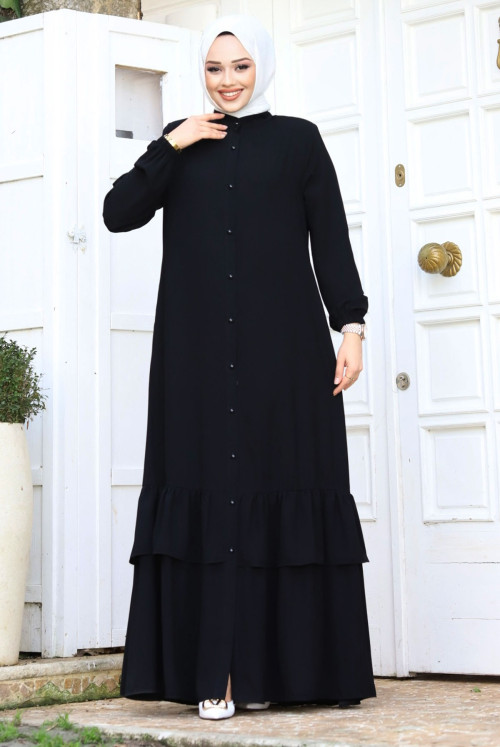 from end Button skirt Frilly Hijab Abayas TSD240243 Black