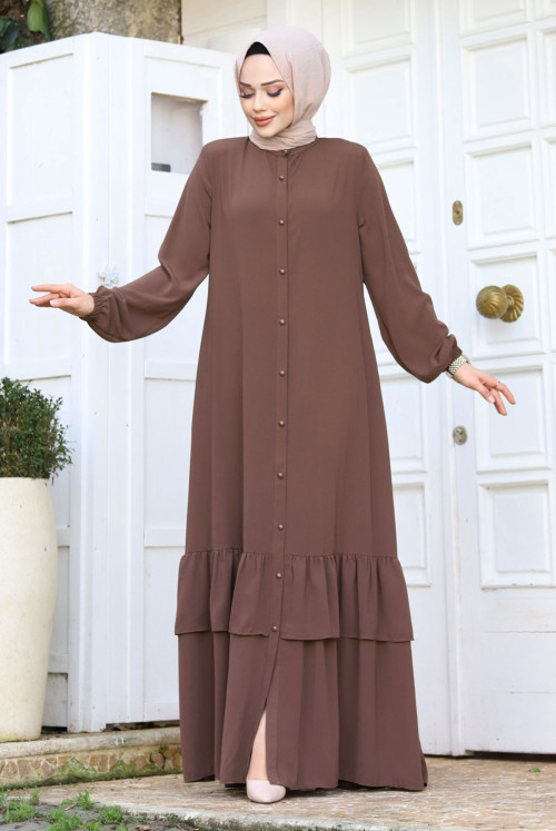 from end Button skirt Frilly Hijab Abayas TSD240243 Mink