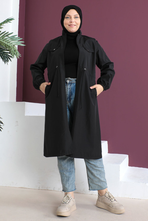 Plus Size Ornamental Pockets Trench coat TSD230504 Black